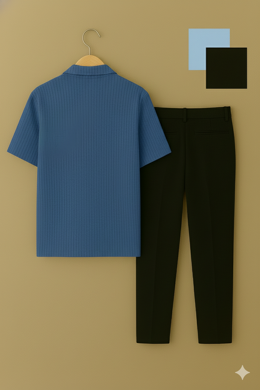 Blue Ribbed Shirt & Black Trousers Combo Set