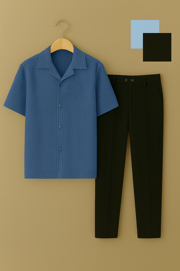 Blue Ribbed Shirt & Black Trousers Combo Set