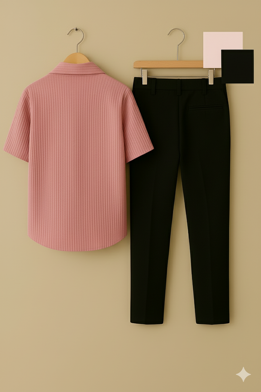 Rosewood Ribbed Shirt & Black Trouser Combo Set