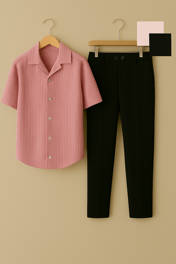 Rosewood Ribbed Shirt & Black Trouser Combo Set