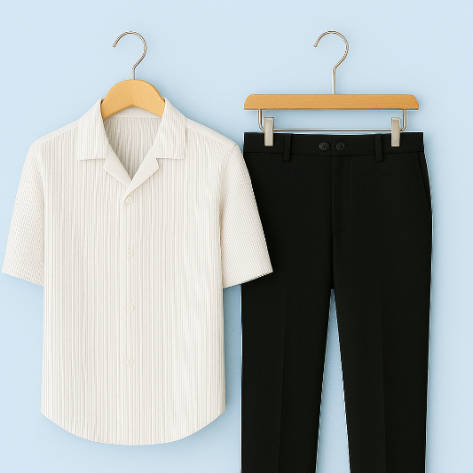 Ivory Ribbed Shirt & Black Trouser Combo Set