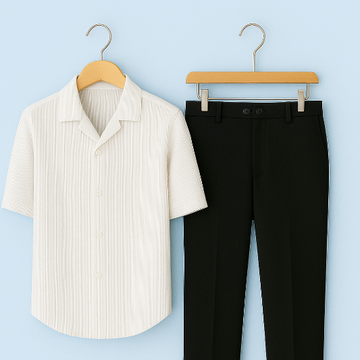 Ivory Ribbed Shirt & Black Trouser Combo Set