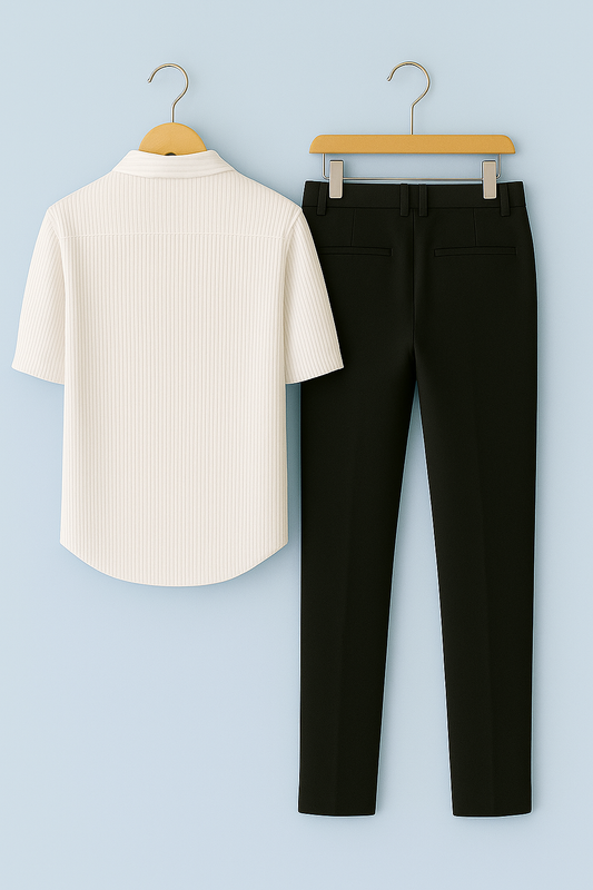 Ivory Ribbed Shirt & Black Trouser Combo Set